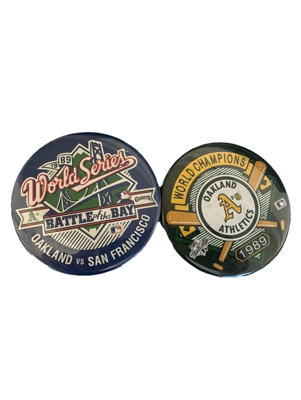 1989 Oakland A’s World Champions & Battle Of The Bay Buttons 3-1/4 in Vintage